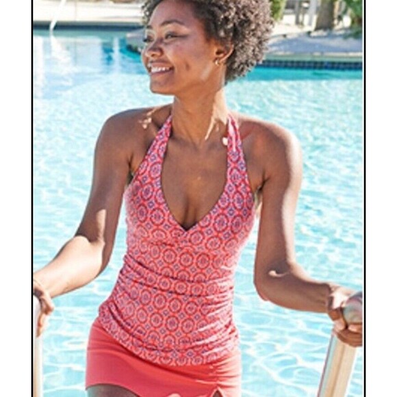 L.L. Bean UPF 50+ Pink Tankini Size 6 Reg Ruched Halter Swim Geometric Pattern - Picture 2 of 8